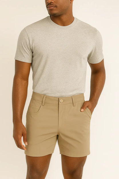 Everyday Stretch Shorts with a Comfortable Built-In Liner- Denim Style- Khaki LEVINAS® Official Shorts  MagnoliaCottonCo.