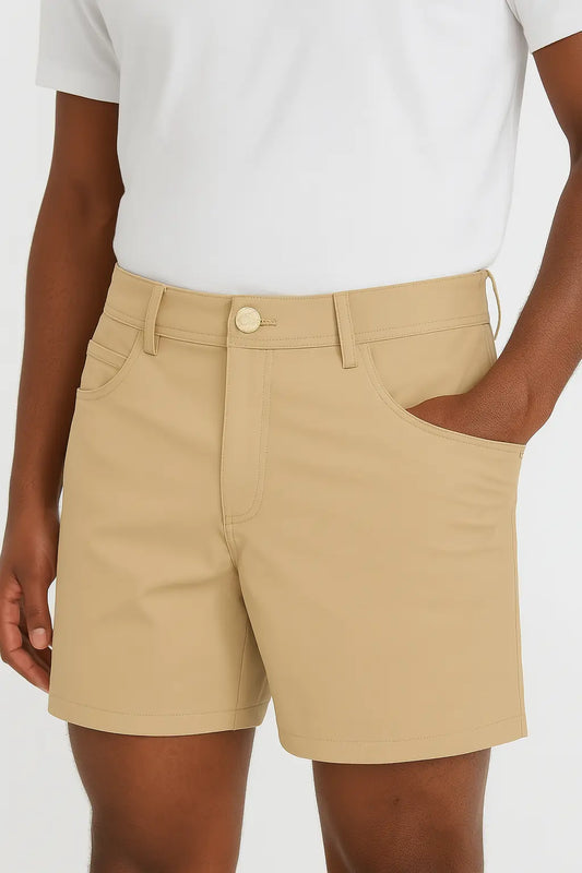 Everyday Stretch Shorts with a Comfortable Built-In Liner- Denim Style- Khaki LEVINAS® Official Shorts  MagnoliaCottonCo.