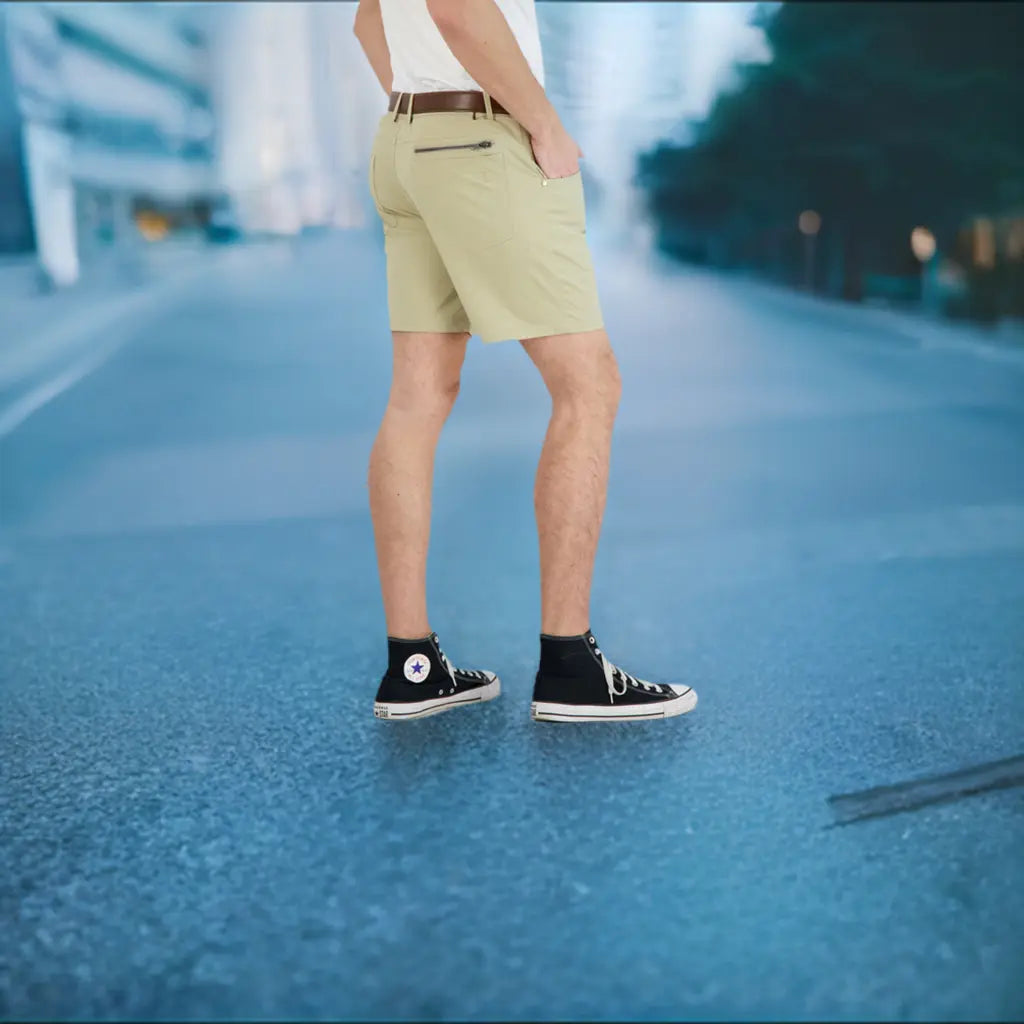 Everyday Stretch Shorts with a Comfortable Built-In Liner- Denim Style- Khaki LEVINAS® Official Shorts  MagnoliaCottonCo.